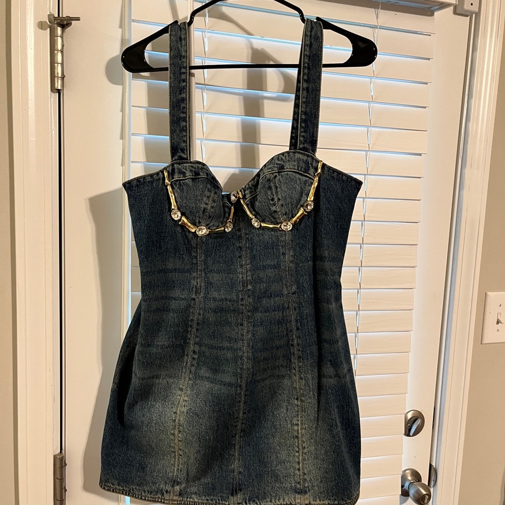 AREA Blue and Gold Bustier Mini Dress